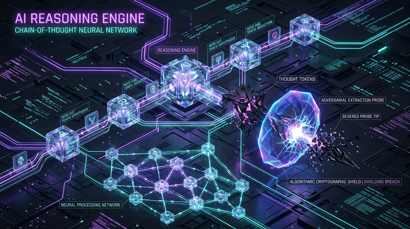 AI reasoning engine with crystalline thought tokens shielded from an adversarial extraction probe